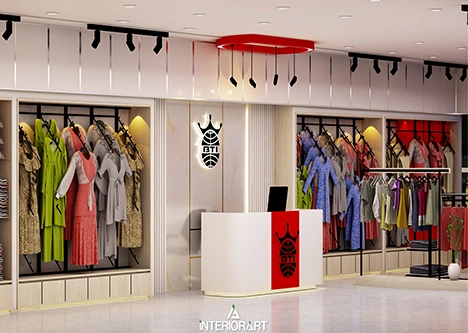 Modern clothing shop interior design in Bangladesh with stylish display racks, bright lighting, and an attractive boutique layout